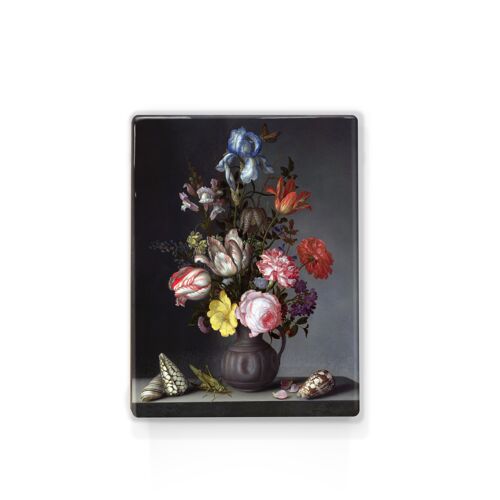 Laqueprint, Bloemen in een vaas met schelpen en Krekel - Balthasar van der Ast