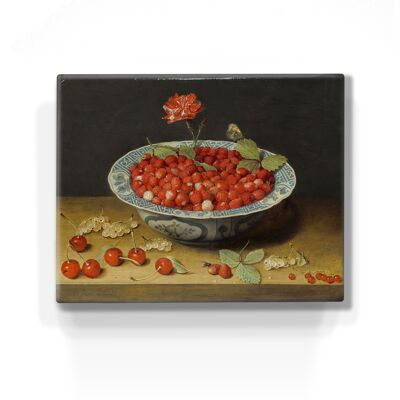 Laqueprint, fraises des bois et un oeillet dans un bol Wan Li - Jacob van Hulsdonck