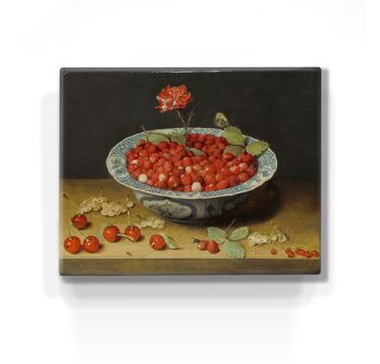 Laqueprint, fraises des bois et un oeillet dans un bol Wan Li - Jacob van Hulsdonck 1