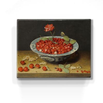 Laqueprint, fraises des bois et un oeillet dans un bol Wan Li - Jacob van Hulsdonck
