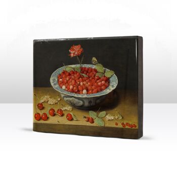 Laqueprint, fraises des bois et un oeillet dans un bol Wan Li - Jacob van Hulsdonck 4