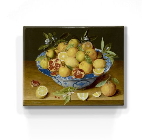 Laqueprint, Stilleven met citroenen, sinaasappels en een granaatappel - Jacob van Hulsdonck