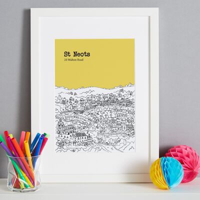 Personalised St Neots Print - A4 (21x30 cm) - White Frame (A4 size will be framed with a white mount | A3 size will fill the frame) - 9 - Yellow