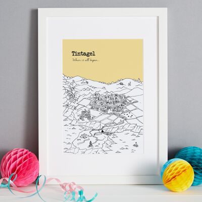 Personalised Tintagel Print - A3 (30x42 cm) - Black Frame (A4 size will be framed with a white mount | A3 size will fill the frame) - 8 - Sky Blue