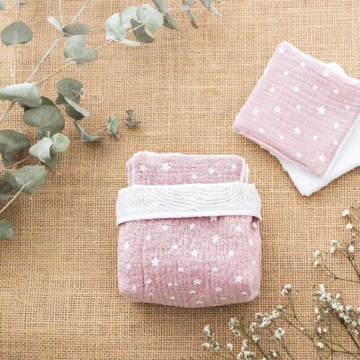 Basket of washable make-up remover wipes x7 white stars on a pink background