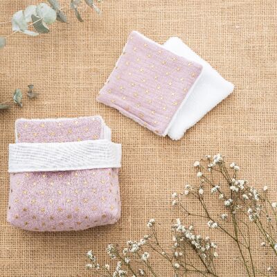 Basket of washable make-up remover wipes x7 golden stars on a pink background