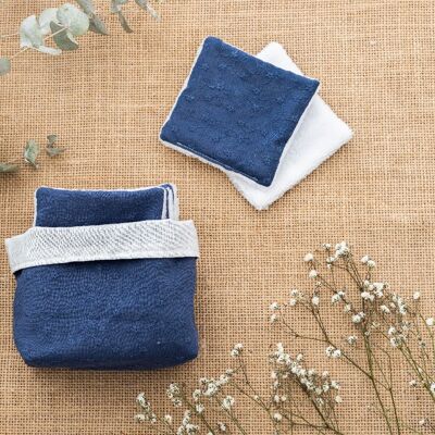 Basket of washable make-up remover wipes x7 navy blue English embroidery