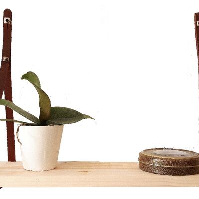 Light wood wall shelf with thin leather straps