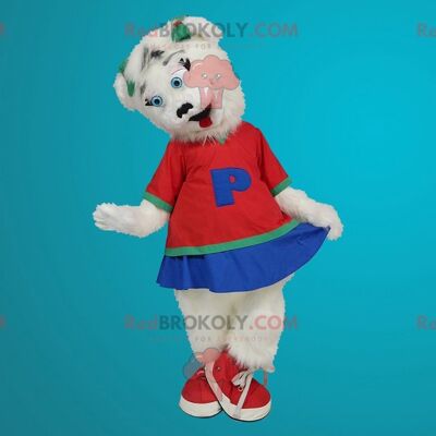 White bear REDBROKOLY mascot dressed as a cheerleader