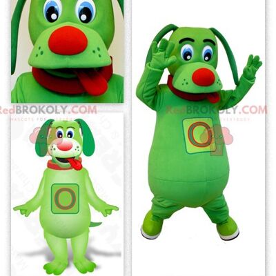 Green dog REDBROKOLY mascot sticking out its tongue
