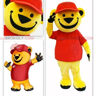 Big yellow bear REDBROKOLY mascot dressed in red
