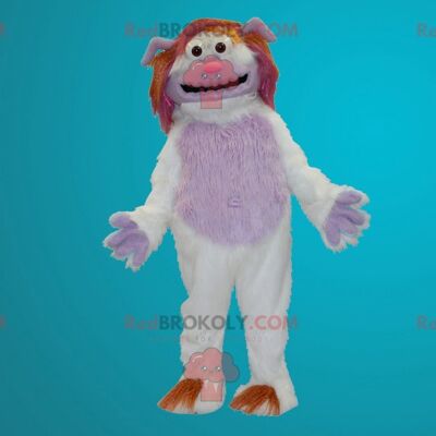 White and pink yeti REDBROKOLY mascot all hairy