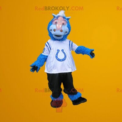 Blue, white and black horse REDBROKOLY mascot