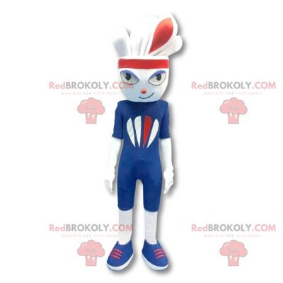 White sports rabbit REDBROKOLY mascot dressed in blue