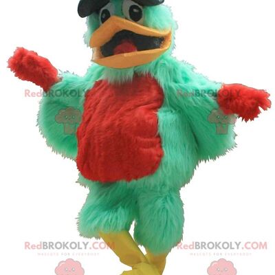 Green and red bird REDBROKOLY mascot with a beret