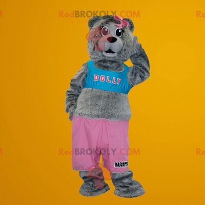 Gray teddy bear REDBROKOLY mascot dressed in pink and blue
