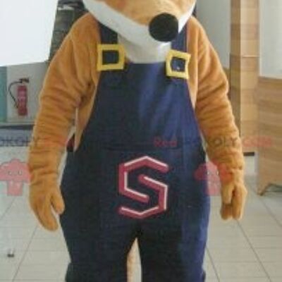 Orange and white fox REDBROKOLY mascot in overalls