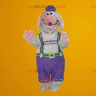Gray and pink dog REDBROKOLY mascot in overalls
