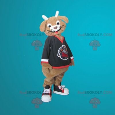 Brown and white rabbit REDBROKOLY mascot smiling