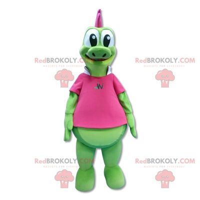 Green dragon REDBROKOLY mascot with pink crest