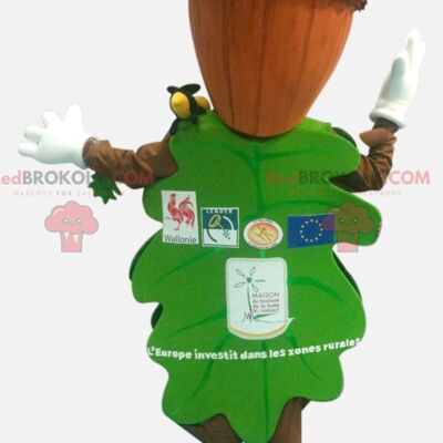 Green leaf REDBROKOLY mascot with an acorn-shaped head