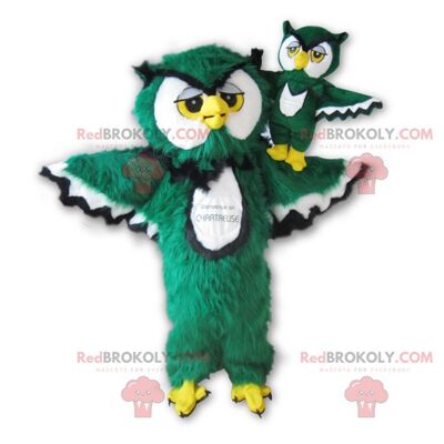 Owl REDBROKOLY mascot green white black and yellow all hairy