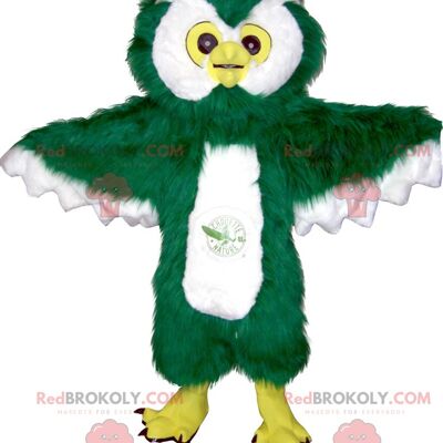 Owl REDBROKOLY mascot green white and yellow all hairy