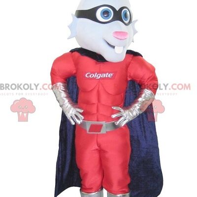 Rabbit REDBROKOLY mascot dressed as a superhero