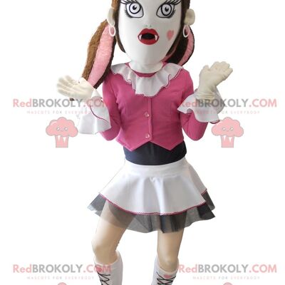 Gothic girl REDBROKOLY mascot dressed in pink