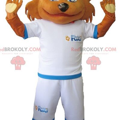 Orange fox REDBROKOLY mascot in sportswear