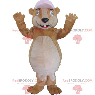 Brown marmot REDBROKOLY mascot with a cap