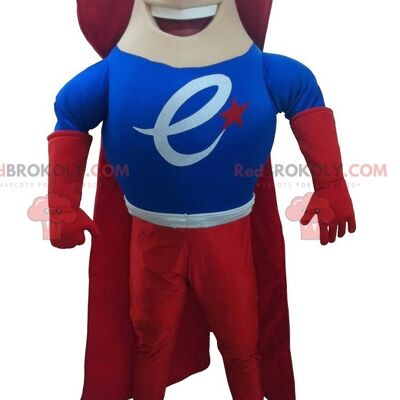 Superhero REDBROKOLY mascot dressed in red and blue