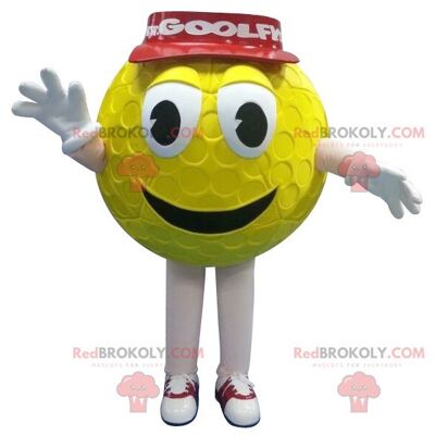 Yellow golf ball REDBROKOLY mascot with a red cap