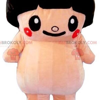 Big pink sumo REDBROKOLY mascot with a bowl cut