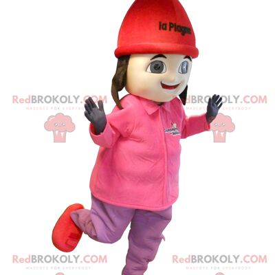 Brown girl REDBROKOLY mascot in ski outfit