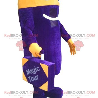 Purple and yellow snowman REDBROKOLY mascot with a suitcase