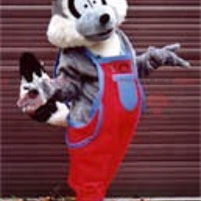 Raccoon REDBROKOLY mascot in overalls
