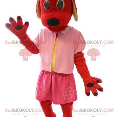 Red dog REDBROKOLY mascot dressed in pink