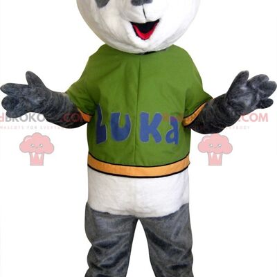 Gray and white panda REDBROKOLY mascot