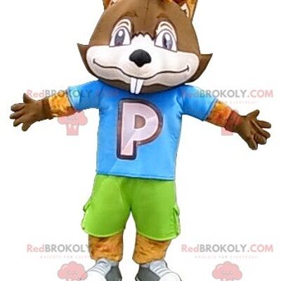 Big brown beaver REDBROKOLY mascot in colorful outfit