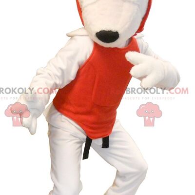 White dog REDBROKOLY mascot in taekwondo outfit