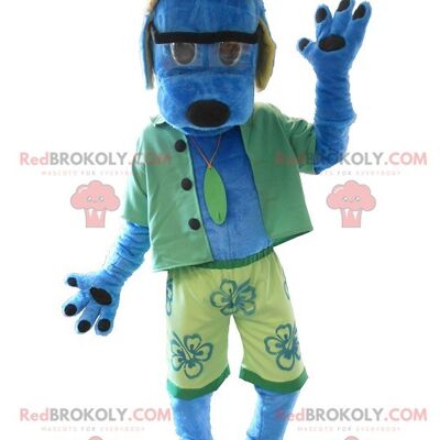 Blue dog REDBROKOLY mascot dressed in green