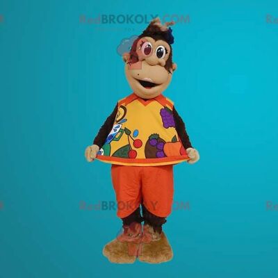 Brown monkey REDBROKOLY mascot dressed in orange outfit