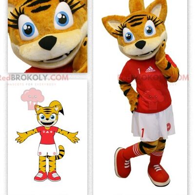 Orange tabby cat REDBROKOLY mascot in cheerleader outfit