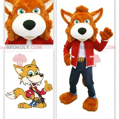 Orange fox REDBROKOLY mascot dressed in jeans