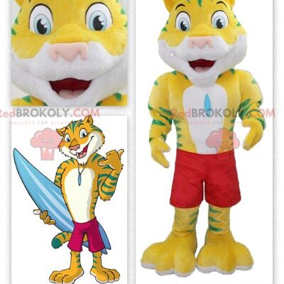 Yellow and green tiger REDBROKOLY mascot with swimming shorts