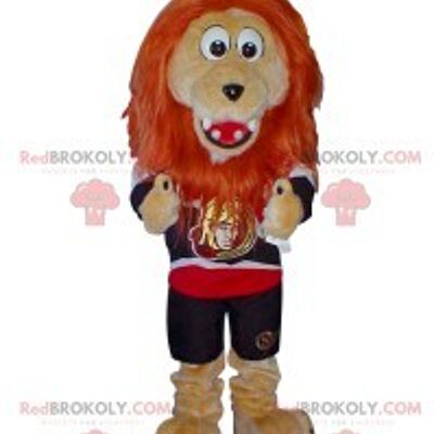 Beige lion REDBROKOLY mascot with an orange mane