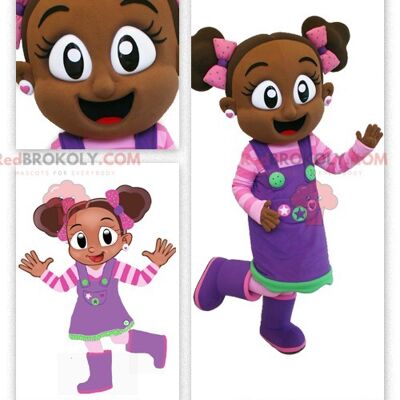 African girl REDBROKOLY mascot in pink and purple outfit