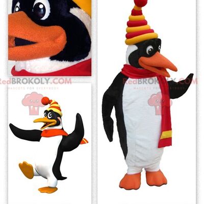 REDBROKOLY mascot cute white and black penguin dressed in winter clothes