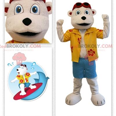 Beige teddy bear REDBROKOLY mascot in vacationer outfit